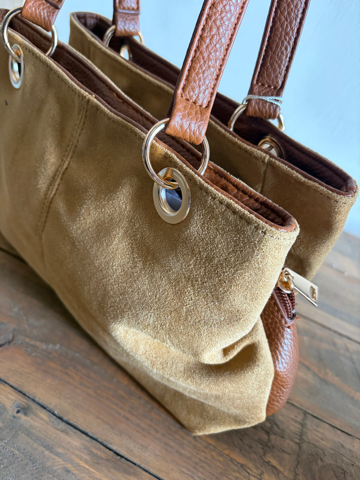 Faux Suede Three-Compartment Shoulder Bag