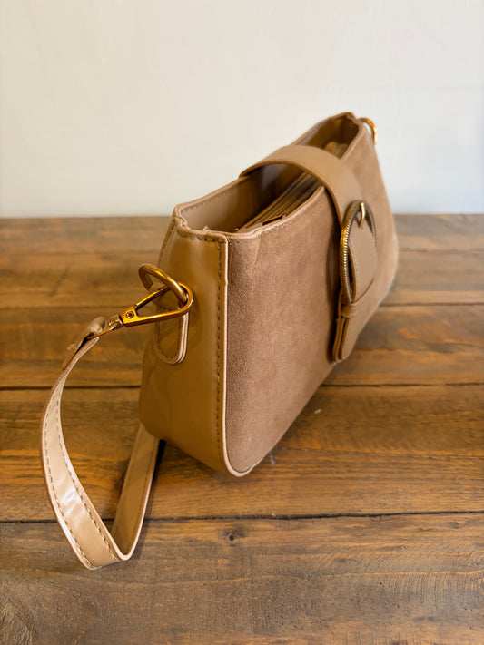 Tan Suede-Effect Buckle Crossbody Bag
