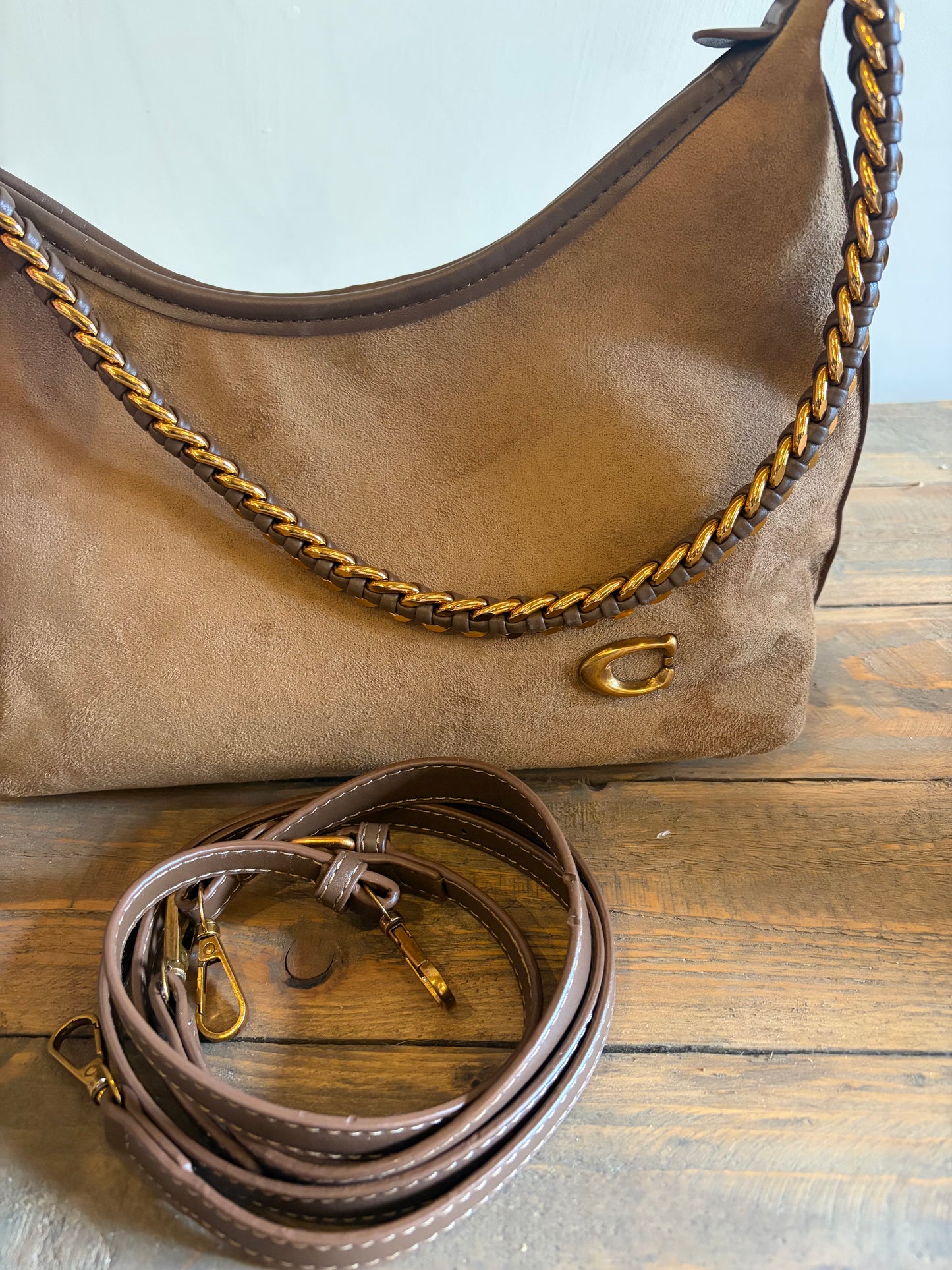 Coffee Faux Suede Chain Shoulder Bag