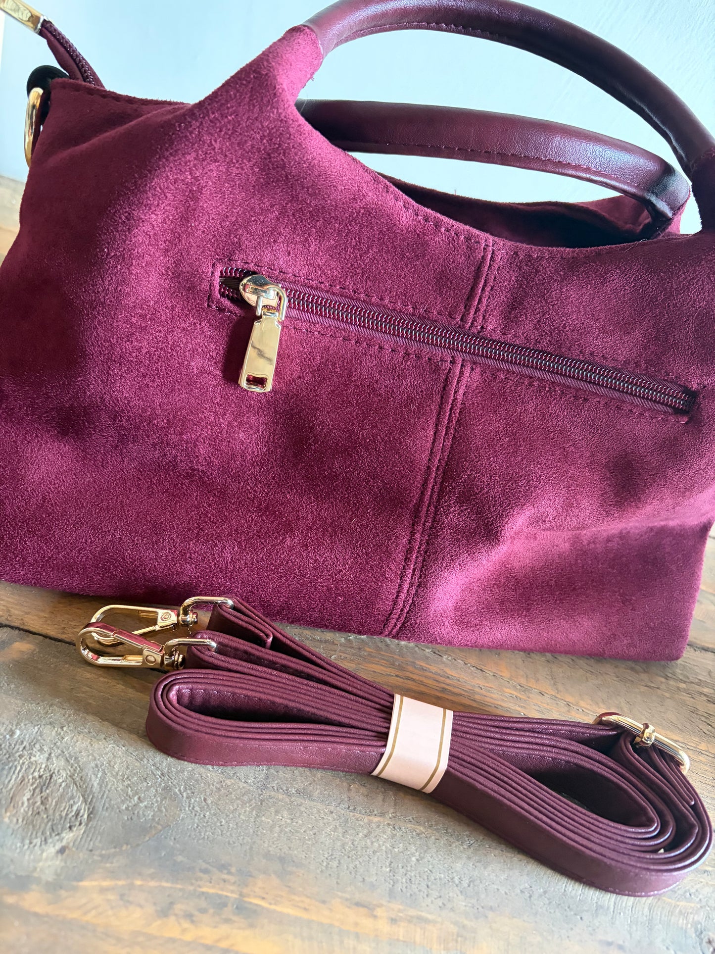 Burgundy Plum Suede-Effect Multi-Compartment Handbag