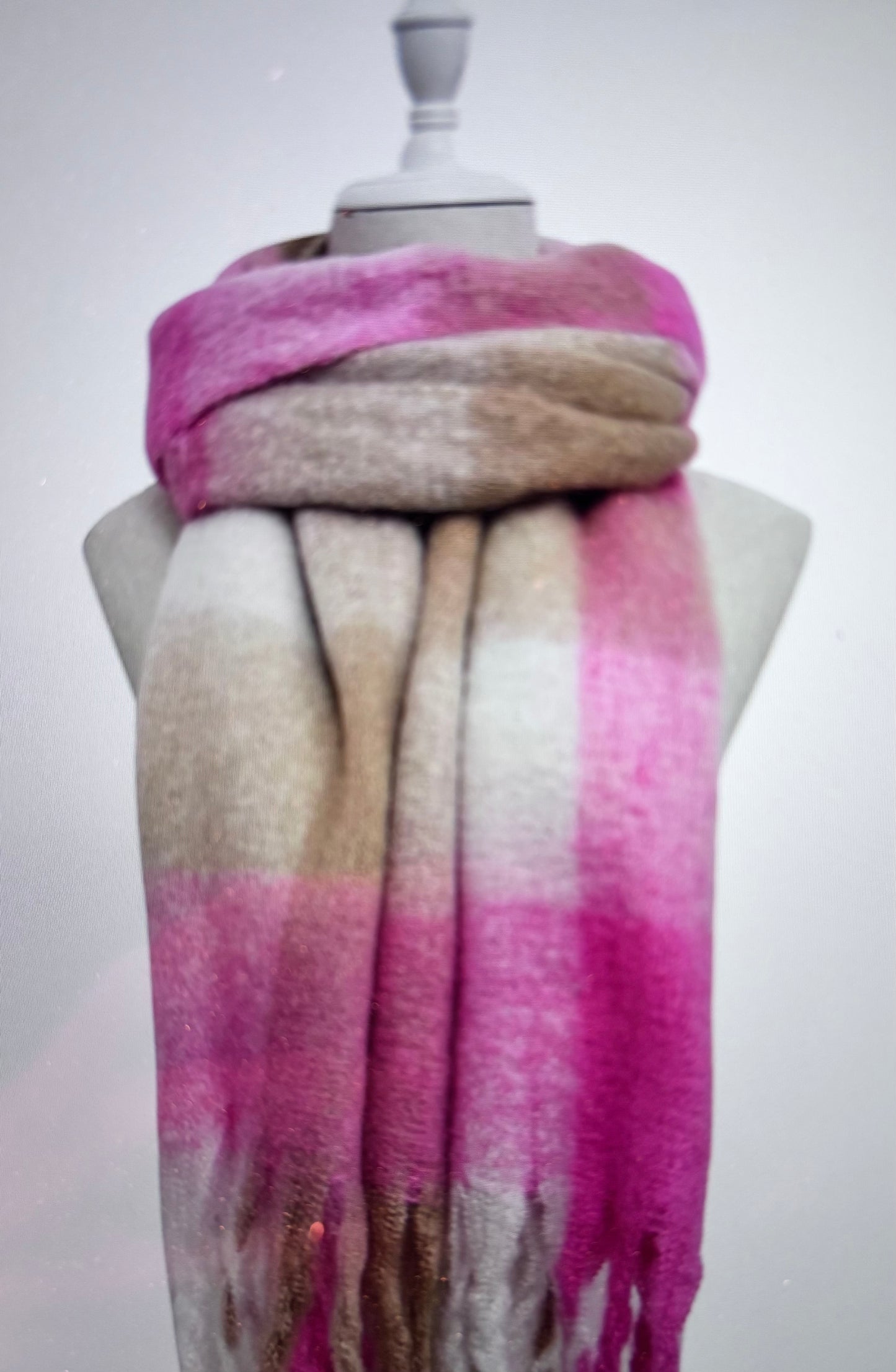 Multi Check Print Wool Tassel Scarf - Pink