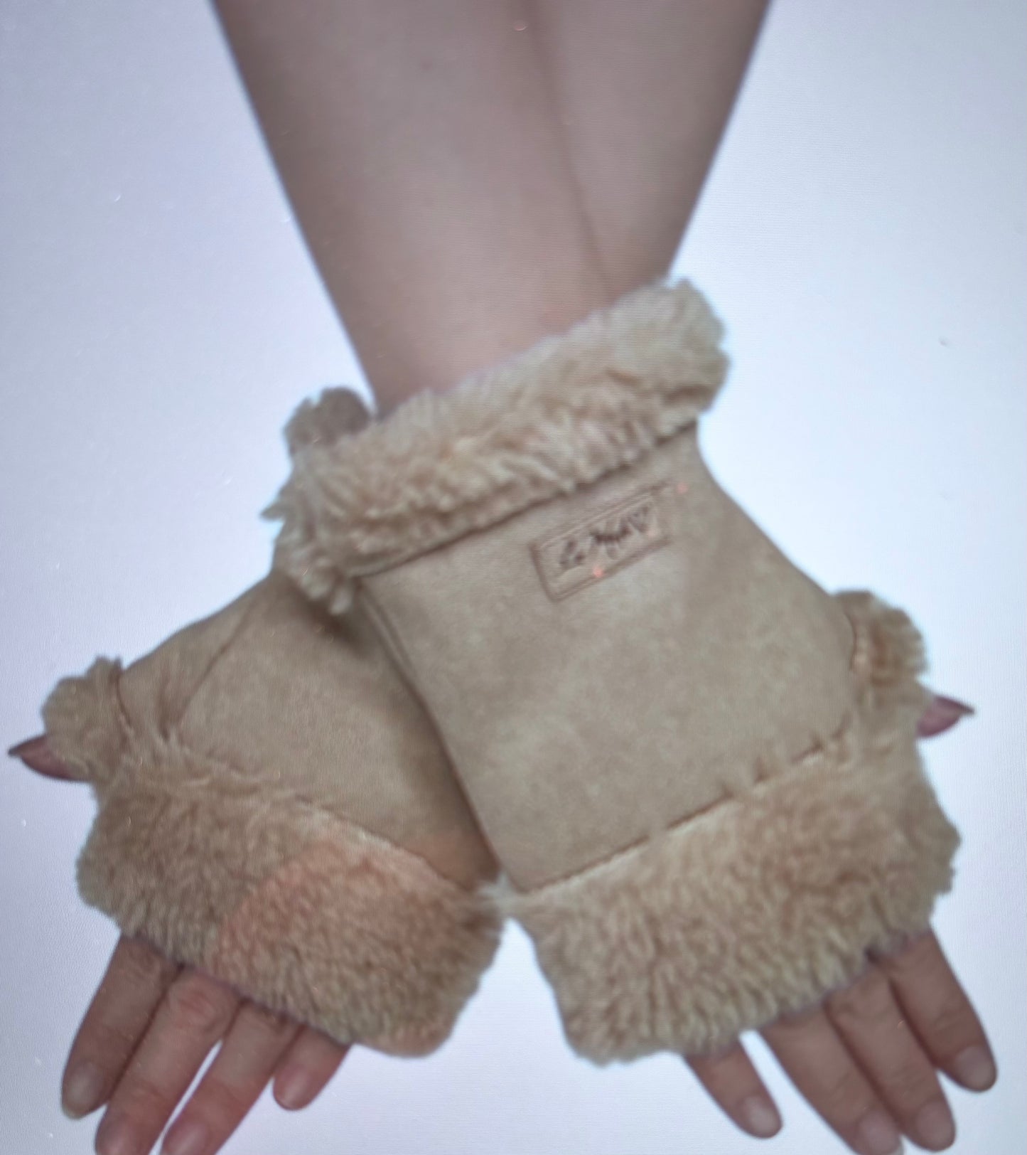 Faux Suede & Shearling Fingerless Gloves - Beige