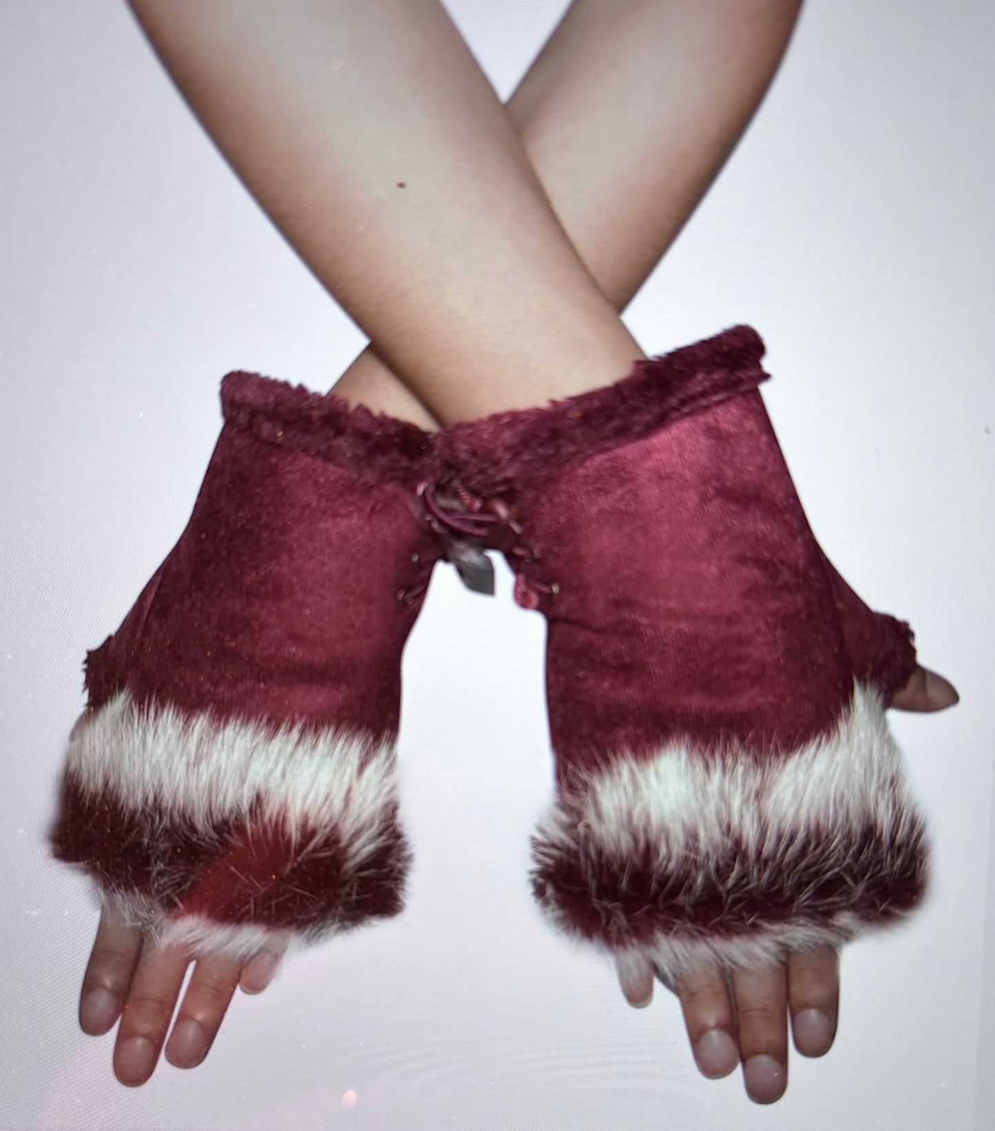 Plain Real Fur Fingerless Mittens - Red