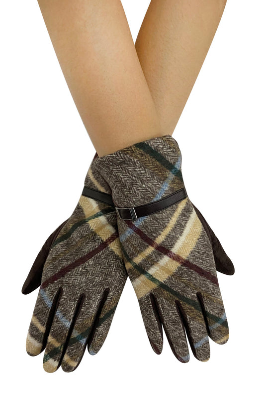 Grey, brown Tartan Touchscreen Gloves with Buckle Detail