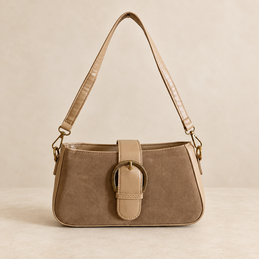 Tan Suede-Effect Buckle Crossbody Bag