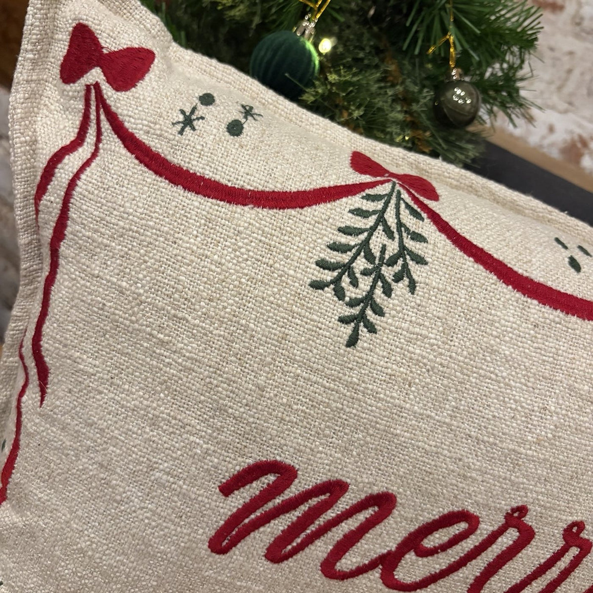 Merry Embroidered Christmas Cushion – 35 x 50cm