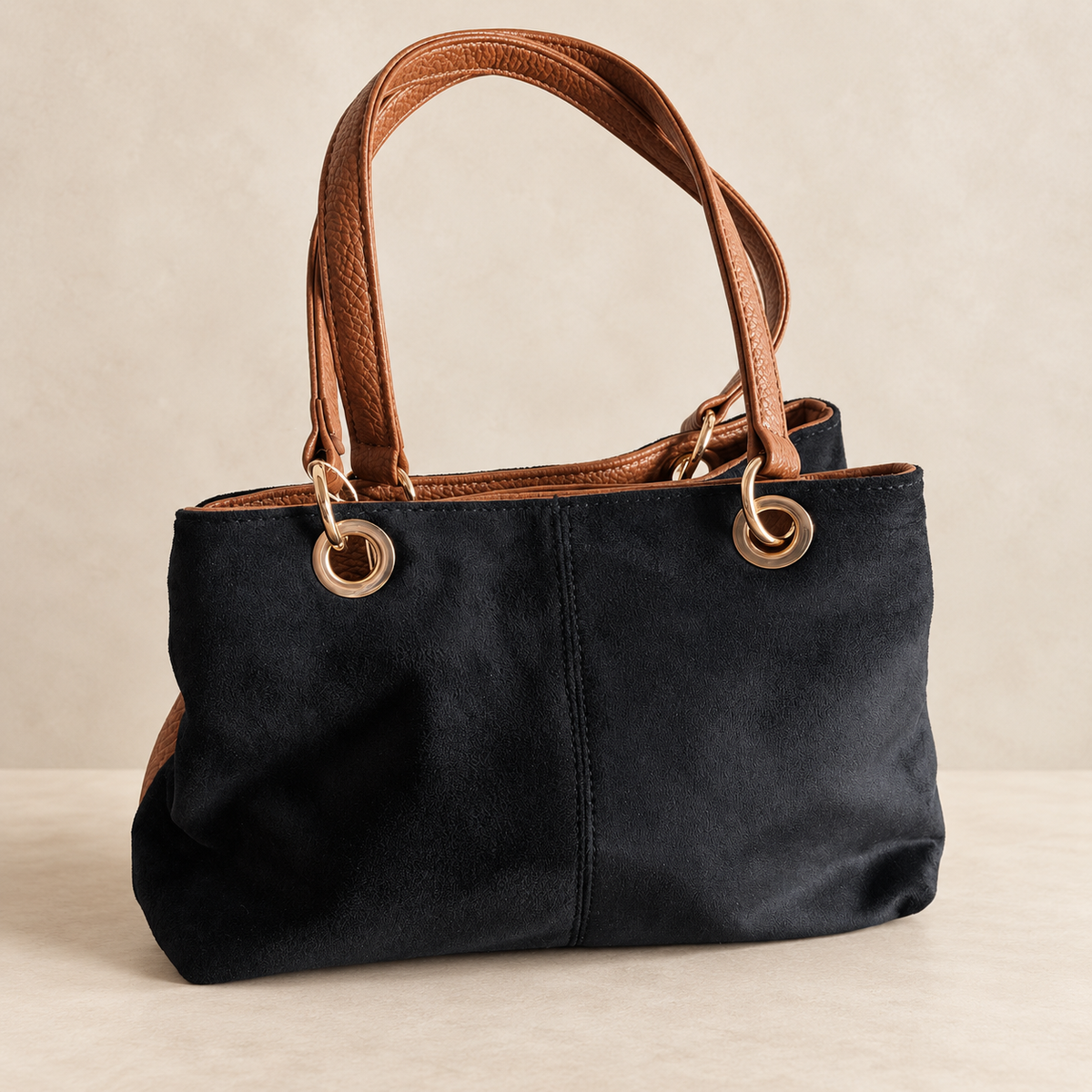 Faux Suede Three-Compartment Shoulder Bag