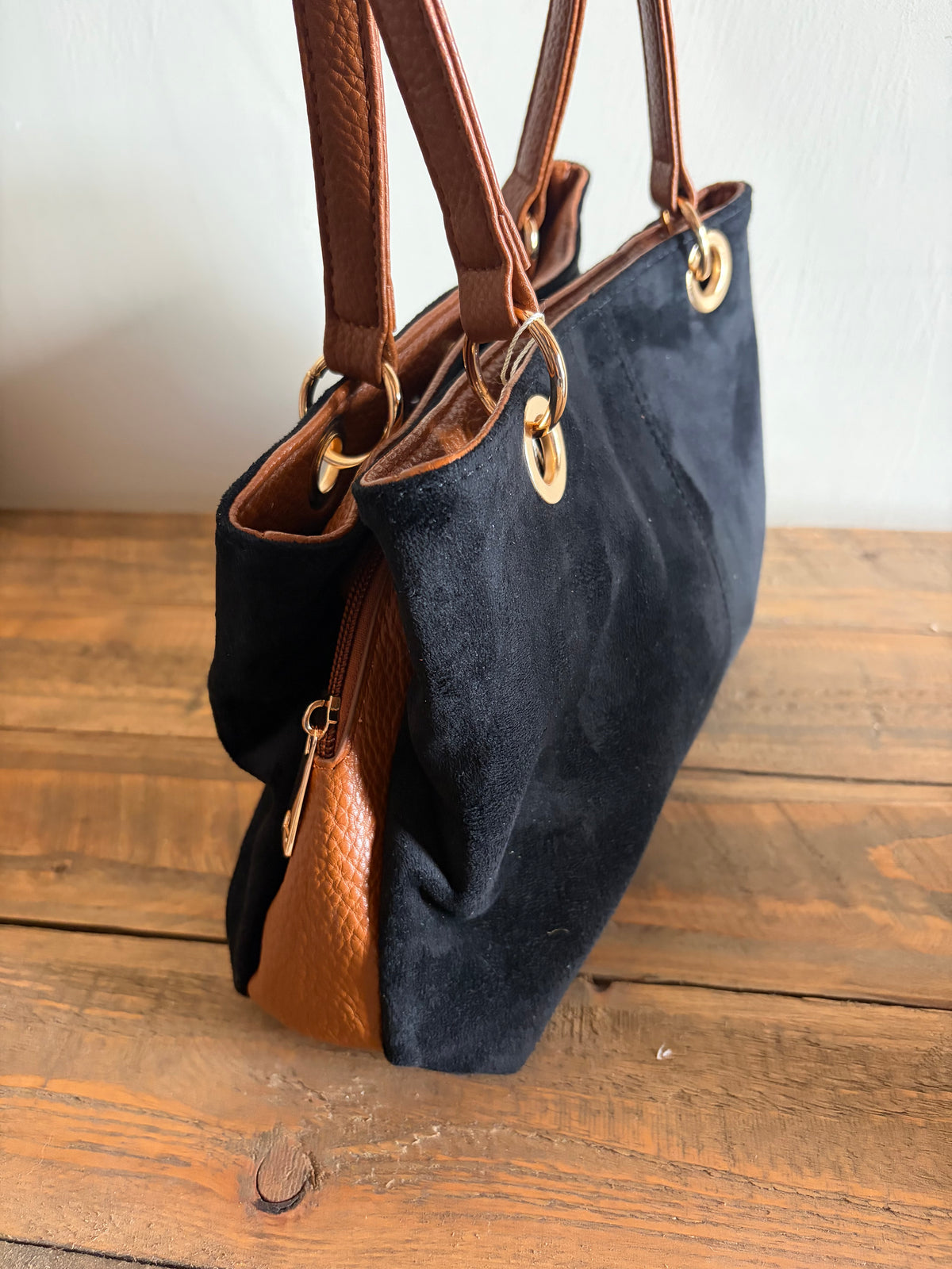 Faux Suede Three-Compartment Shoulder Bag