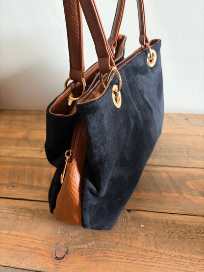 Faux Suede Three-Compartment Shoulder Bag