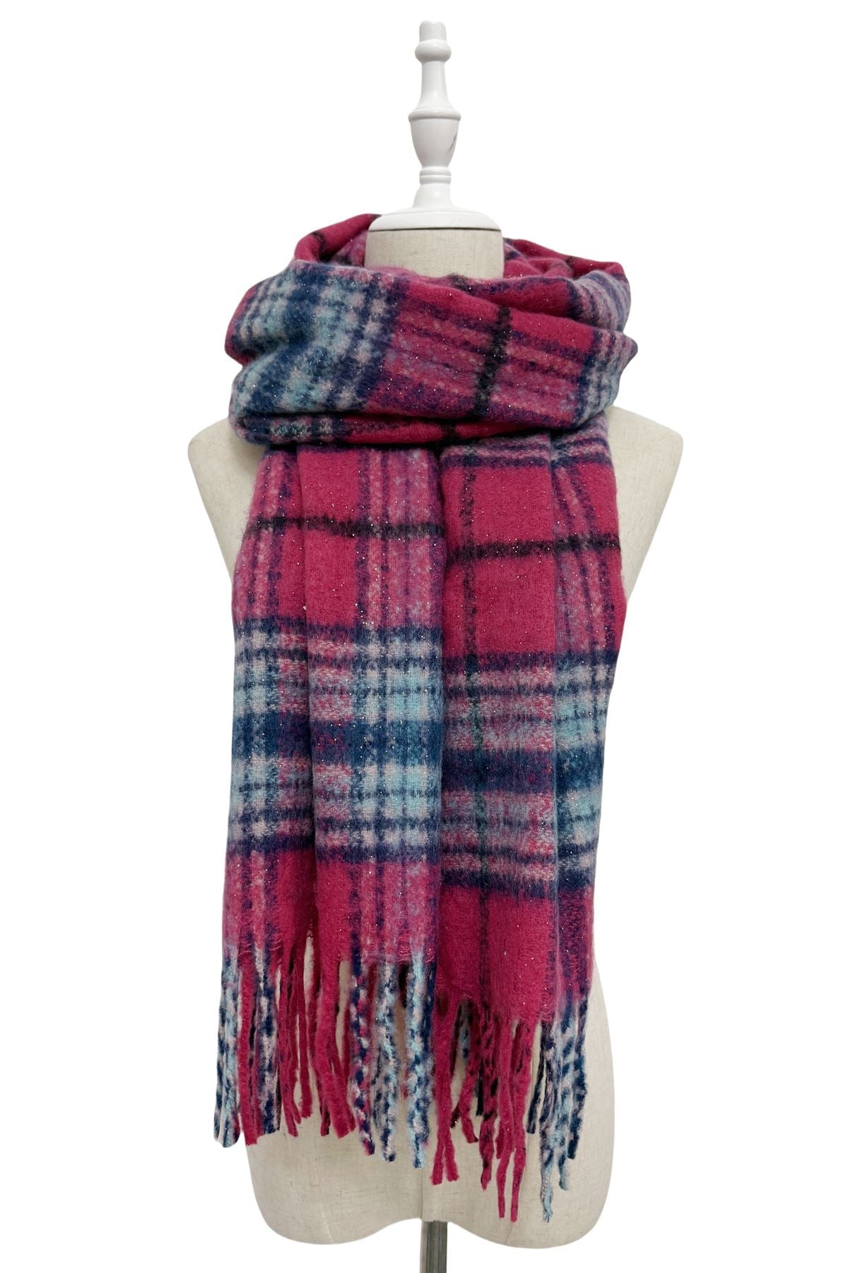 Berry & Blue Sparkle Check Tassel Scarf