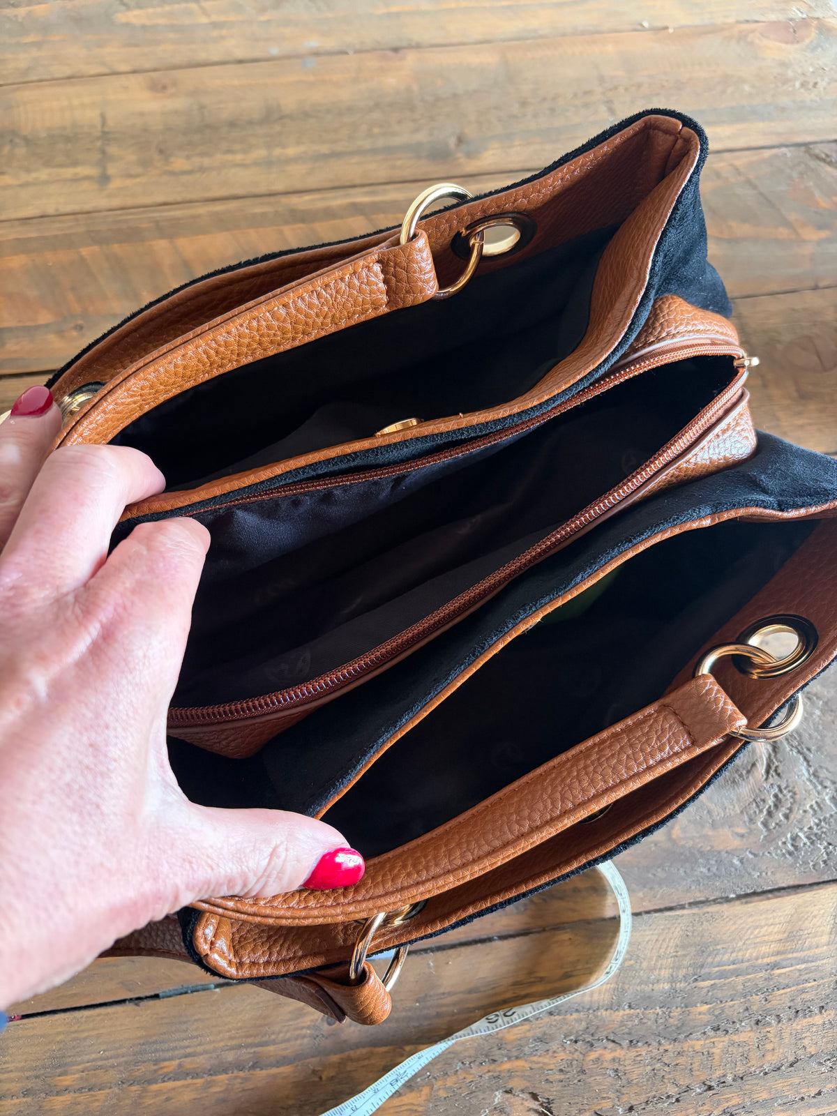 Faux Suede Three-Compartment Shoulder Bag