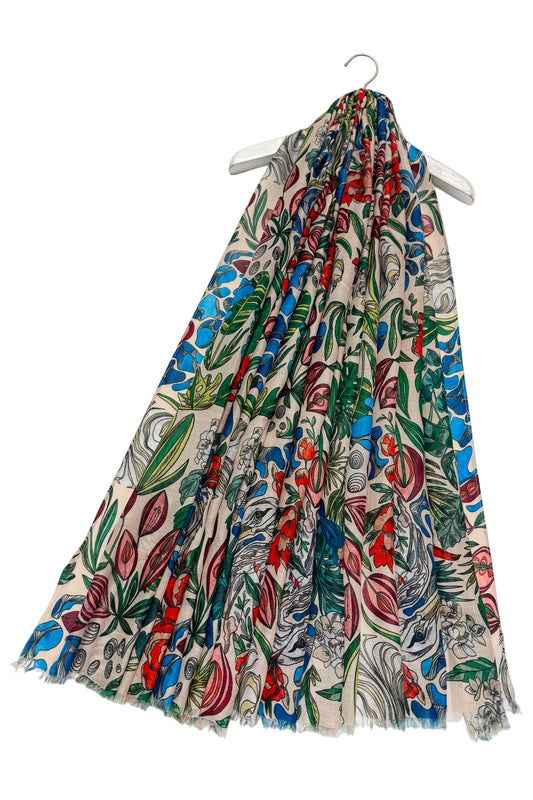 Botanical Stork Bird Print Frayed Scarf