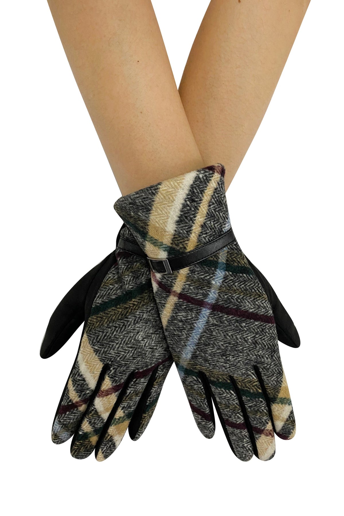 Black Tartan Touchscreen Gloves with Buckle Detail