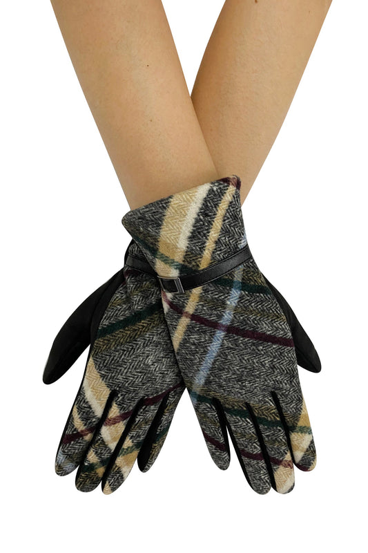 Black Tartan Touchscreen Gloves with Buckle Detail
