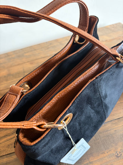 Faux Suede Three-Compartment Shoulder Bag