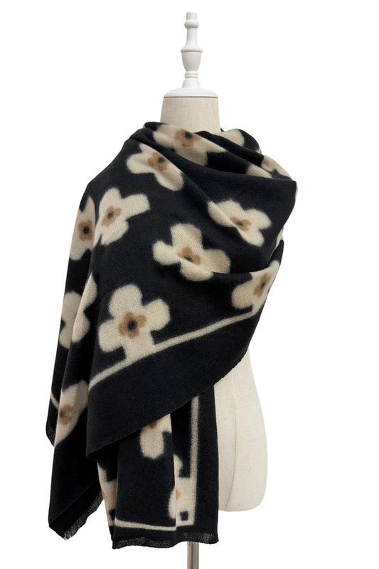 Black Daisy Print Wool-Blend Scarf