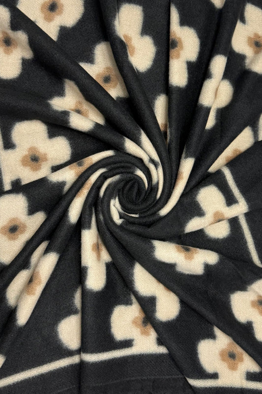 Black Daisy Print Wool-Blend Scarf