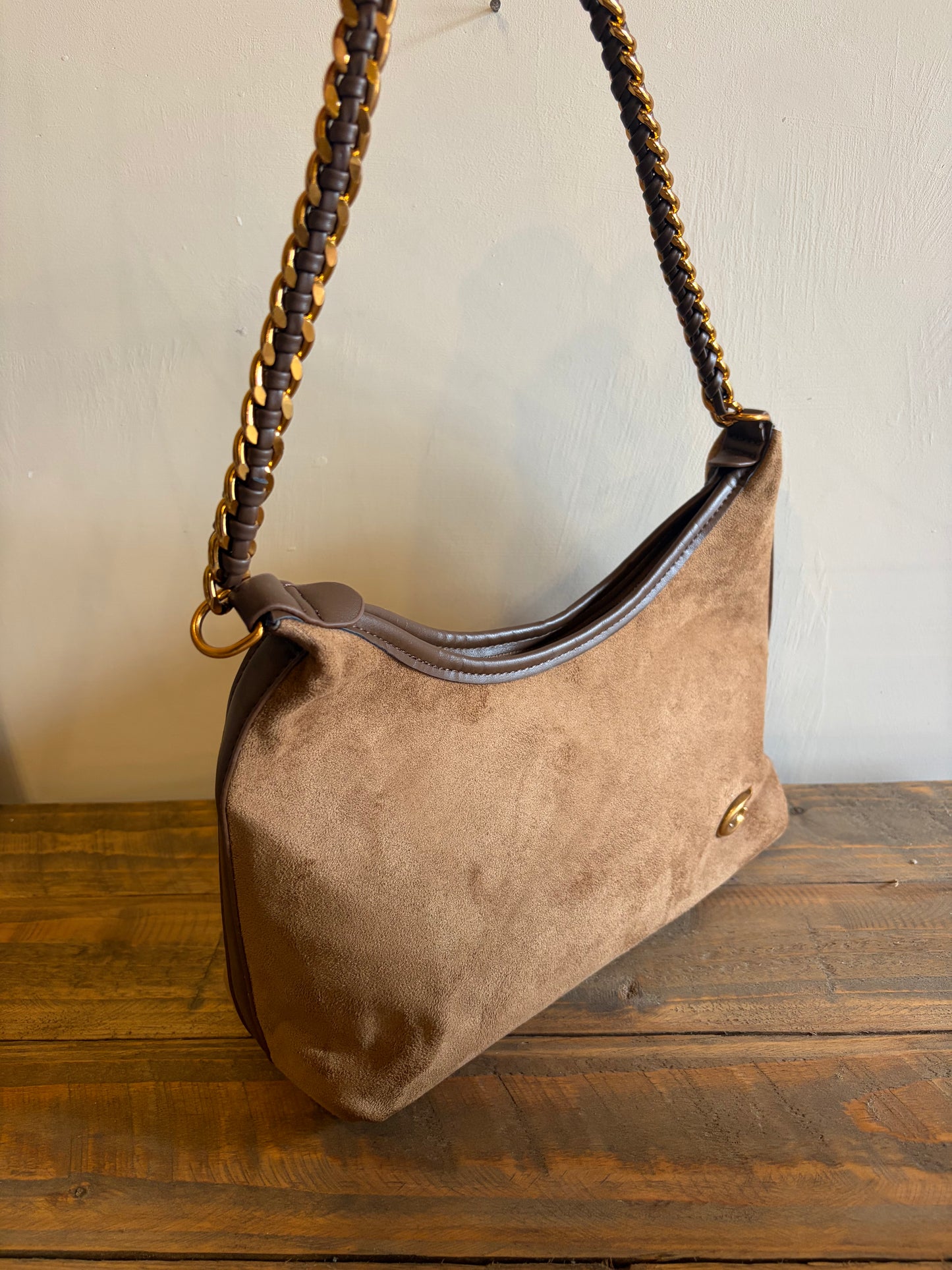 Coffee Faux Suede Chain Shoulder Bag