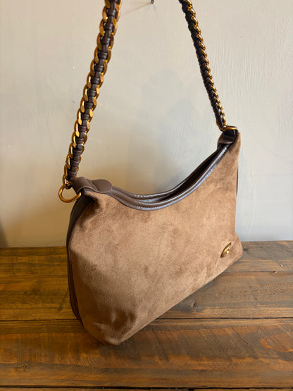 Coffee Faux Suede Chain Shoulder Bag