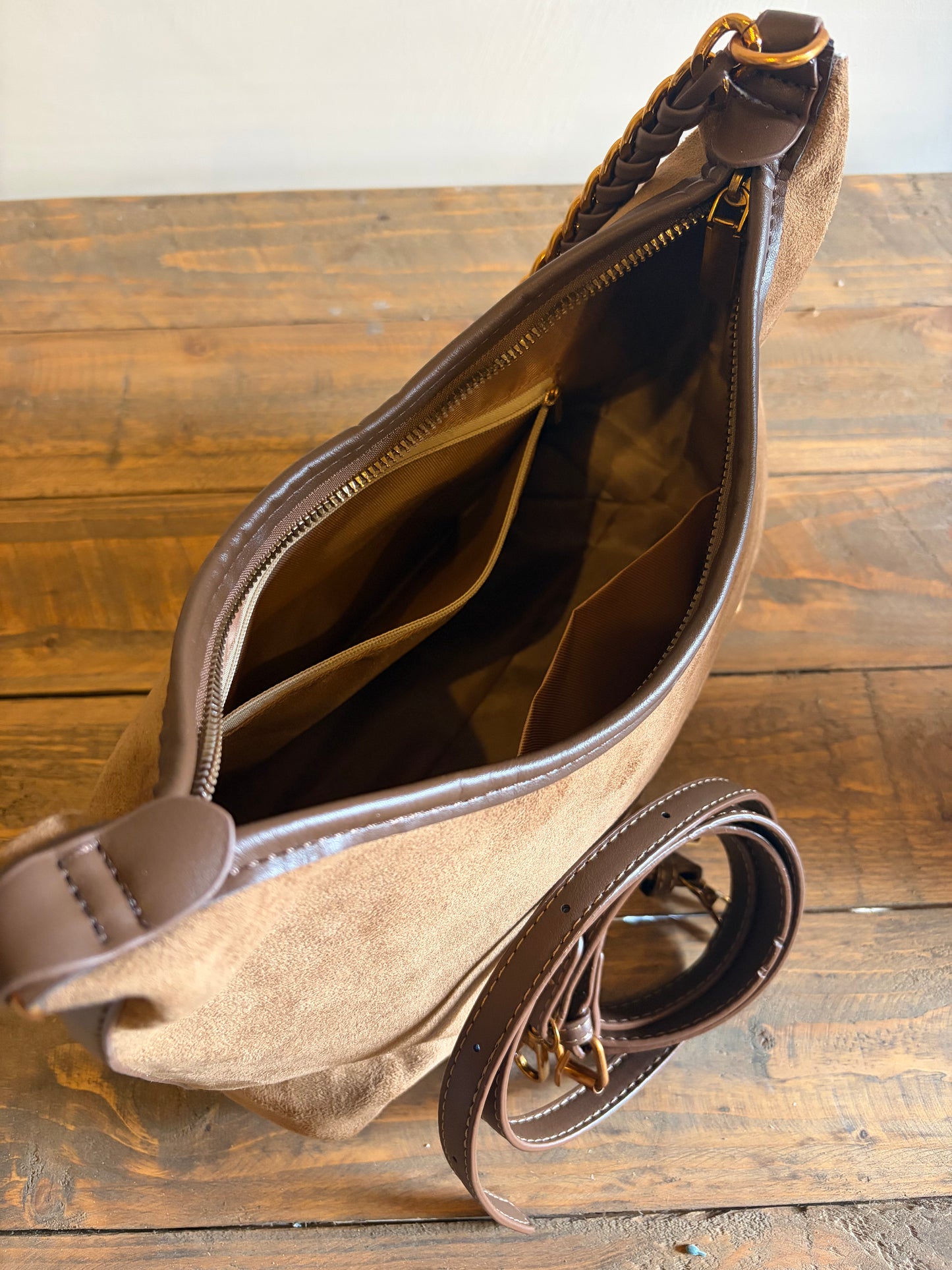 Coffee Faux Suede Chain Shoulder Bag