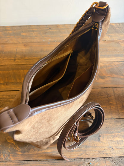 Coffee Faux Suede Chain Shoulder Bag