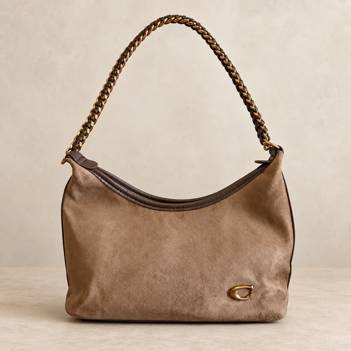 Coffee Faux Suede Chain Shoulder Bag
