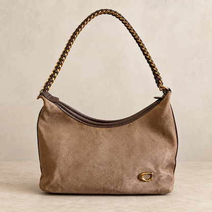 Coffee Faux Suede Chain Shoulder Bag