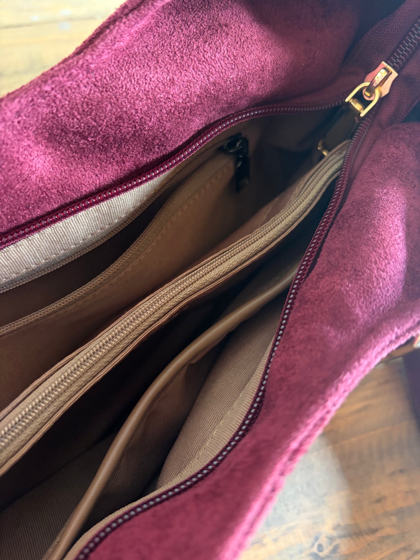 Burgundy Plum Suede-Effect Multi-Compartment Handbag