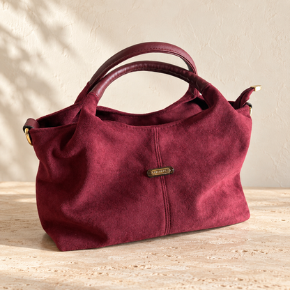 Burgundy Plum Suede-Effect Multi-Compartment Handbag