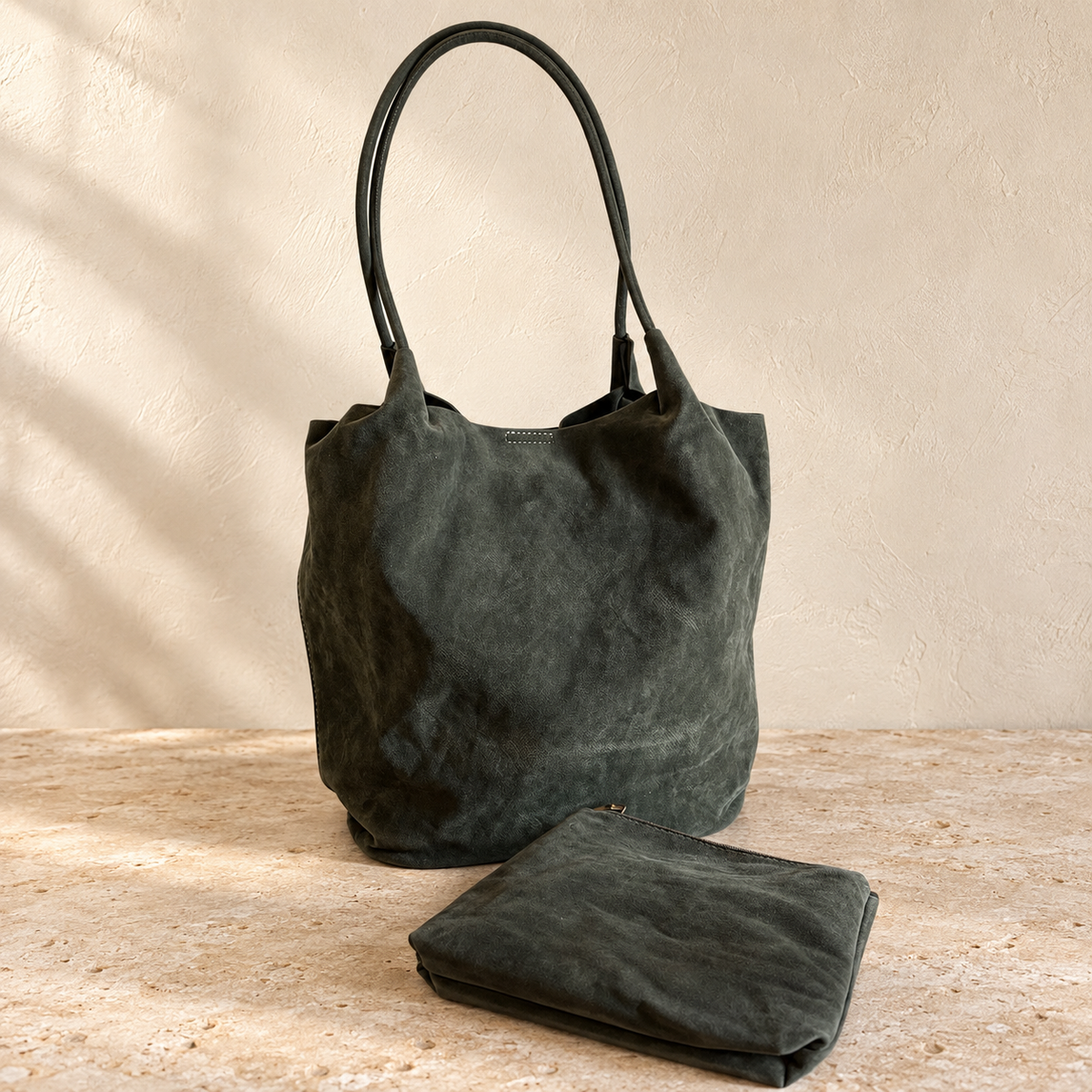 Olive Green Suede-Effect Tote Bag with Zipped Pouch
