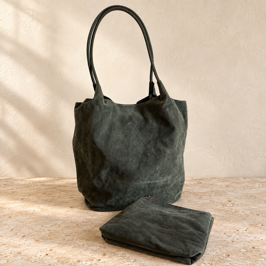 Olive Green Suede-Effect Tote Bag with Zipped Pouch
