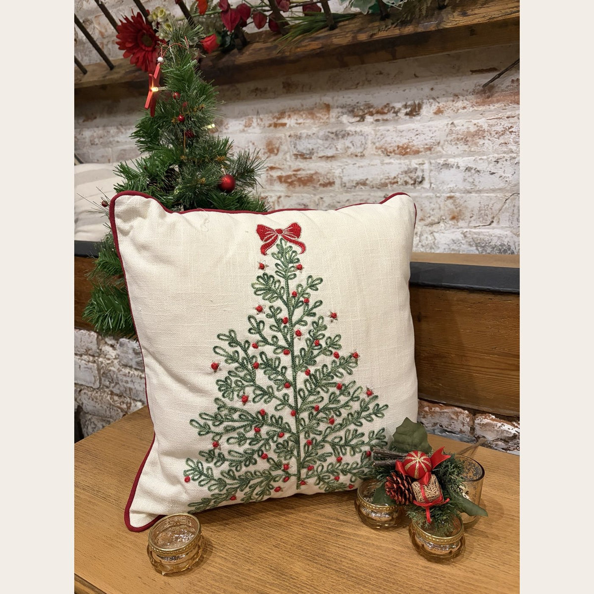 Winter Tree with Bow Embroidered Christmas Cushion – 43 x 43cm