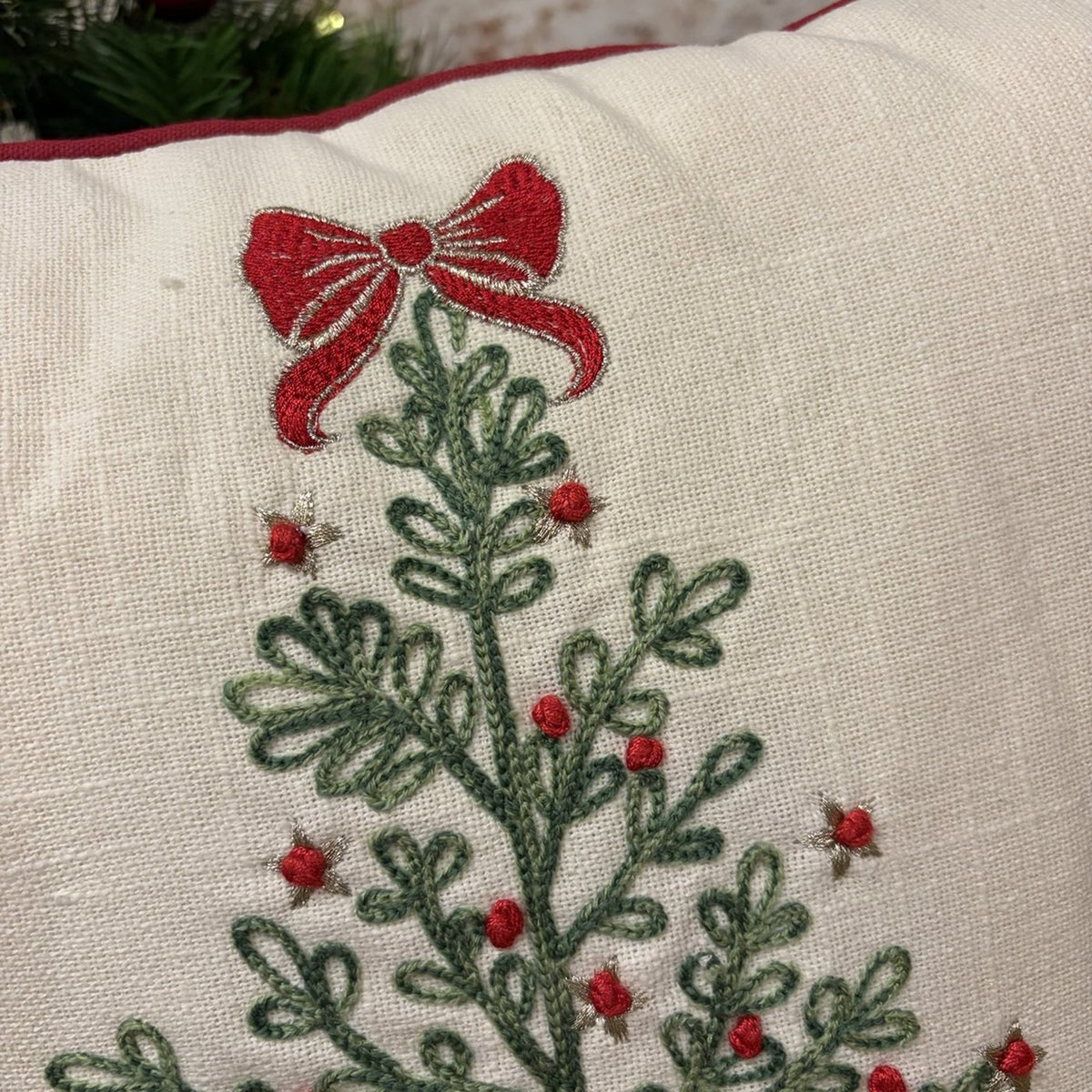 Winter Tree with Bow Embroidered Christmas Cushion – 43 x 43cm