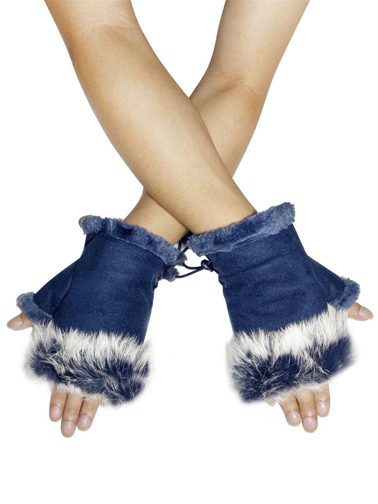 Plain Real Fur Fingerless Mittens - Navy