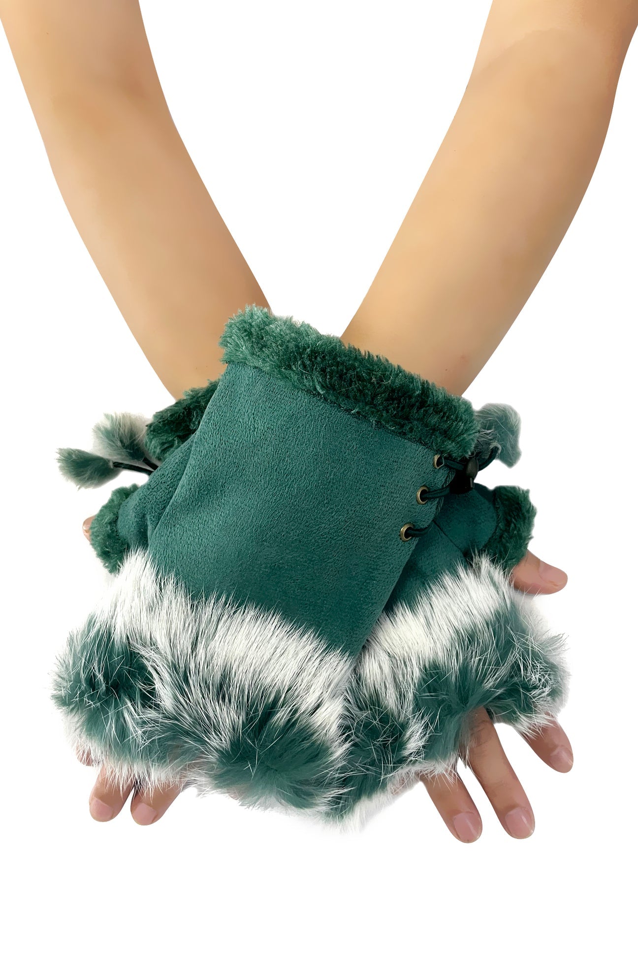 Plain Real Fur Fingerless Mittens - Bottle Green
