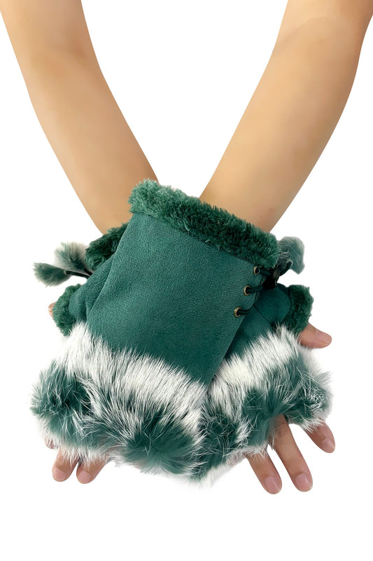 Plain Real Fur Fingerless Mittens - Bottle Green