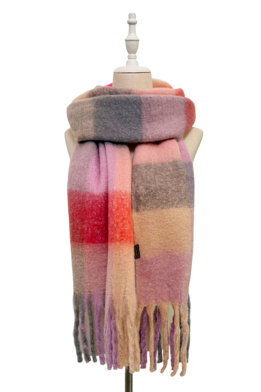 Blush Multi Check Chunky Tassel Scarf