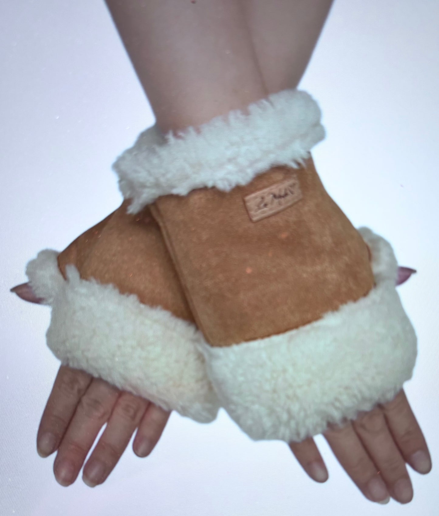Faux Suede & Shearling Fingerless Gloves - Camel